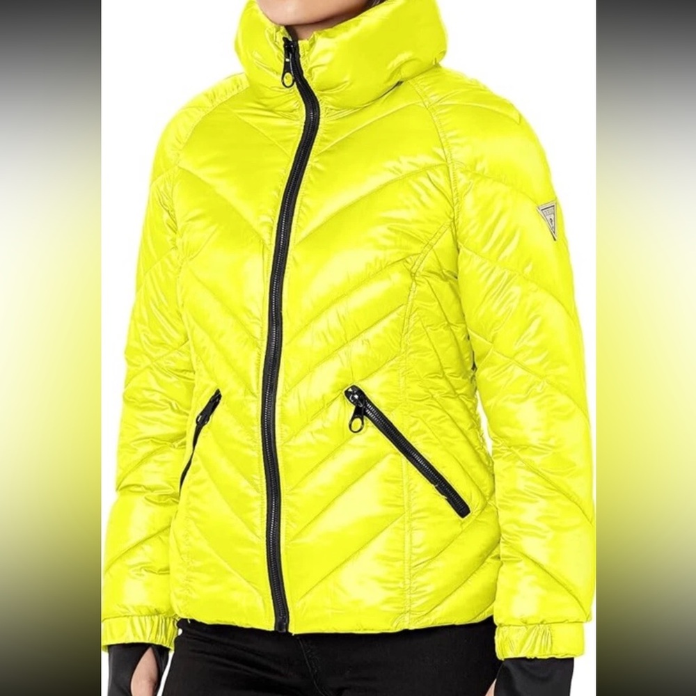 GUESS Women's Puffer Storm Cuffs Jacket Neon Size XL